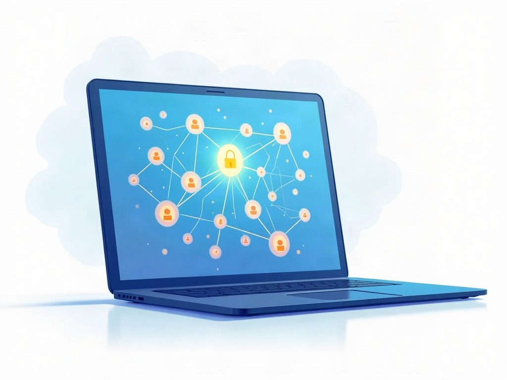 A glowing knowledge graph of connected dots held inside a laptop outline with a small lock, illustrating a private on-device memory