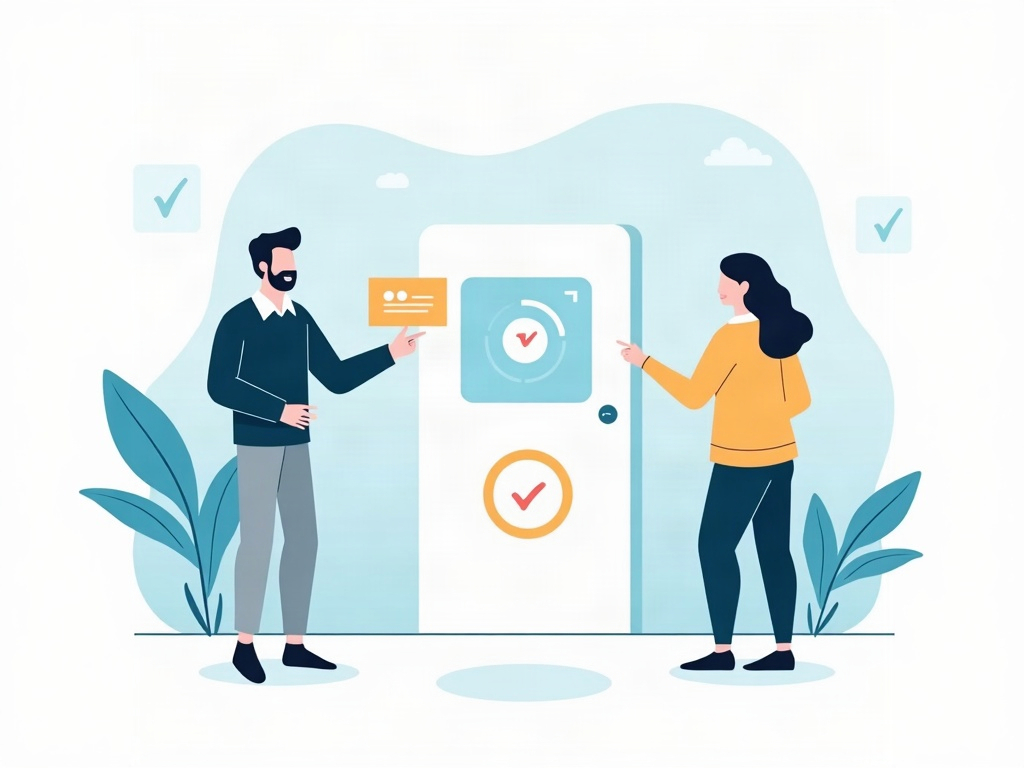 An AI assistant pausing at a gate to hold up an approval card for a person to tap, with an adjustable autonomy dial beside them