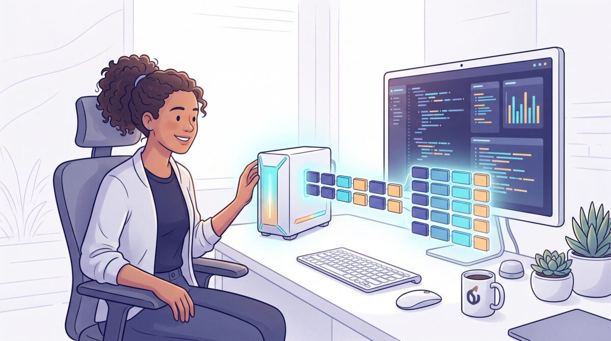 A developer watching orderly structured data flow out of a local AI running on their own computer