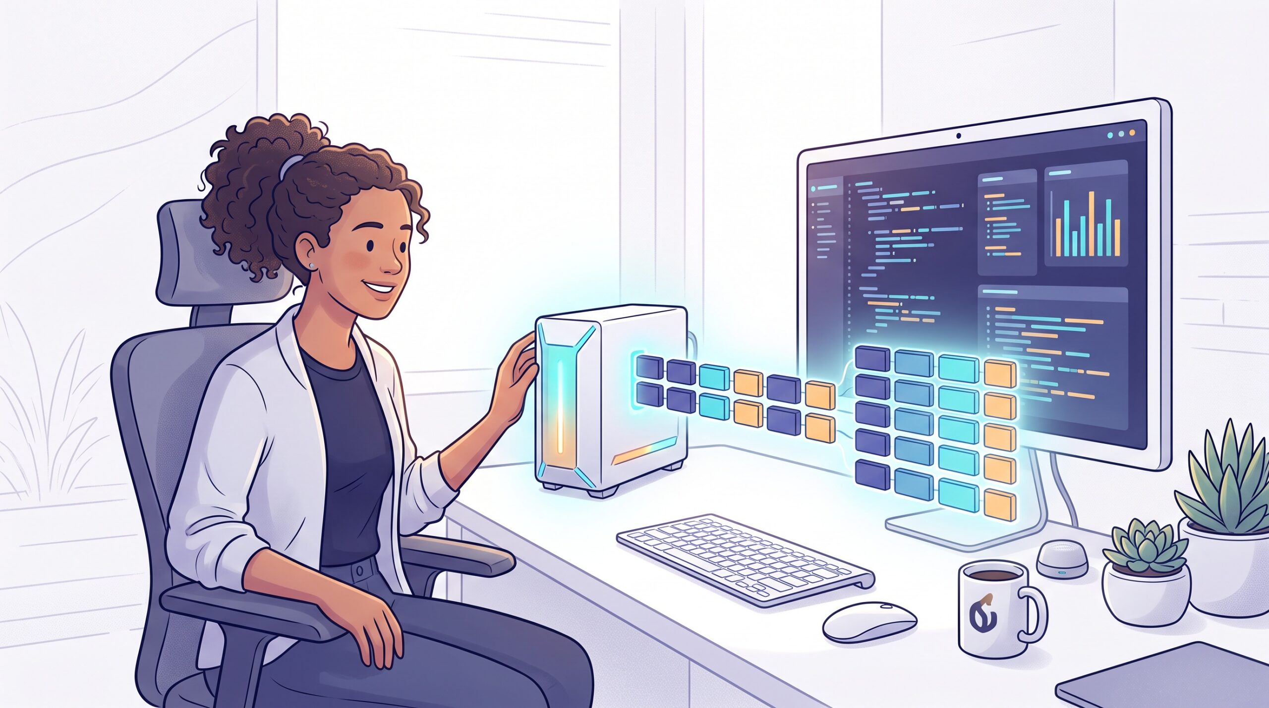 A developer watching orderly structured data flow out of a local AI running on their own computer