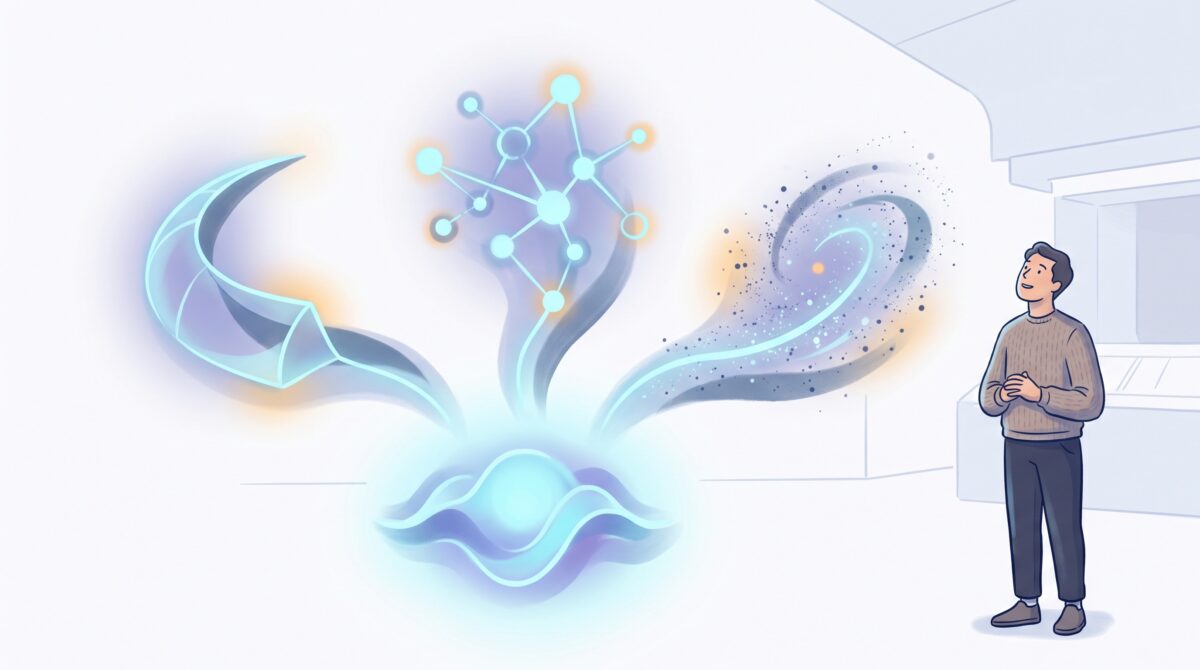 A glowing AI core casting out three abstract shapes representing math, networks, and physics while a person looks on with wonder