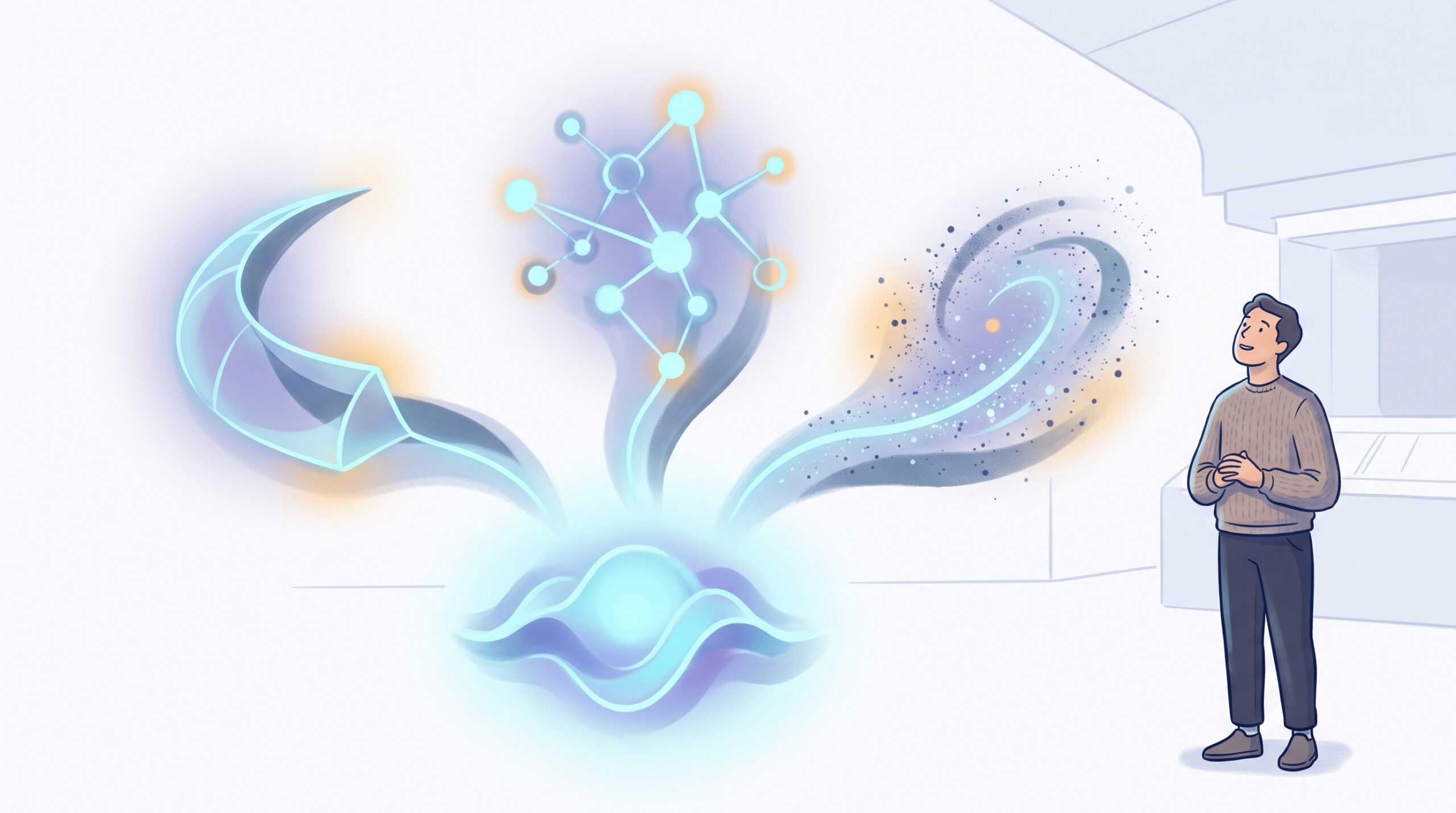 A glowing AI core casting out three abstract shapes representing math, networks, and physics while a person looks on with wonder