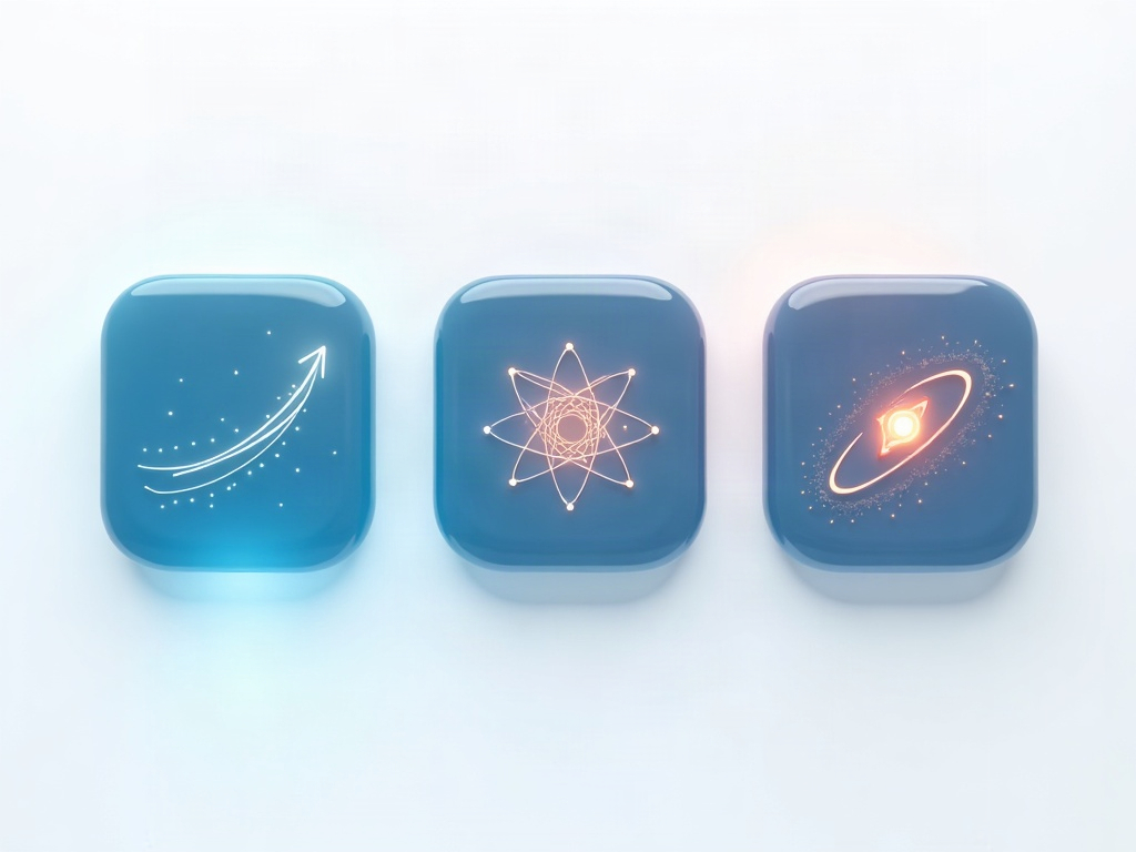 Three glowing panels showing abstract icons for mathematics, computer science, and physics