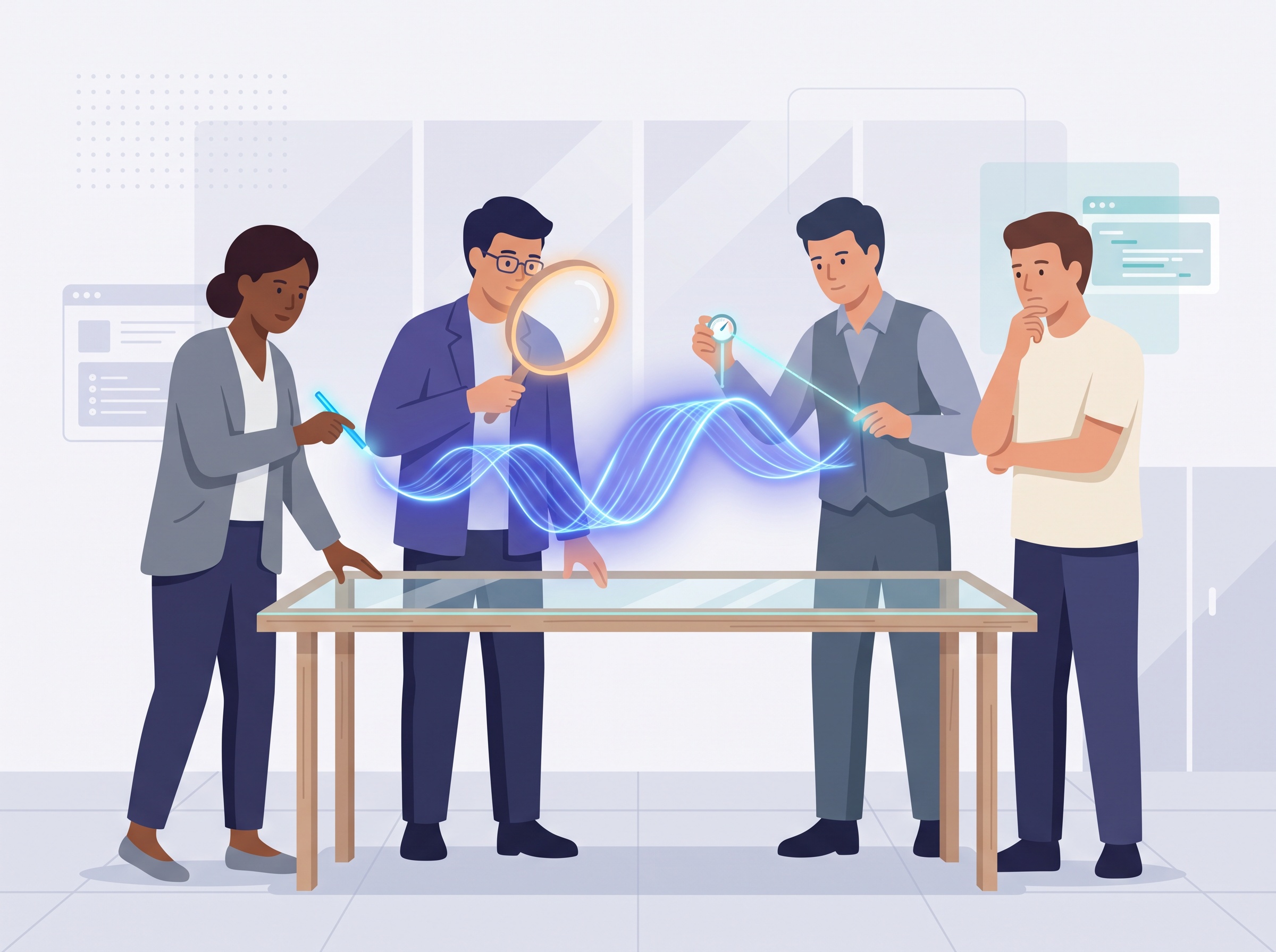 Expert figures carefully examining a glowing ribbon of light that represents an AI-generated proof