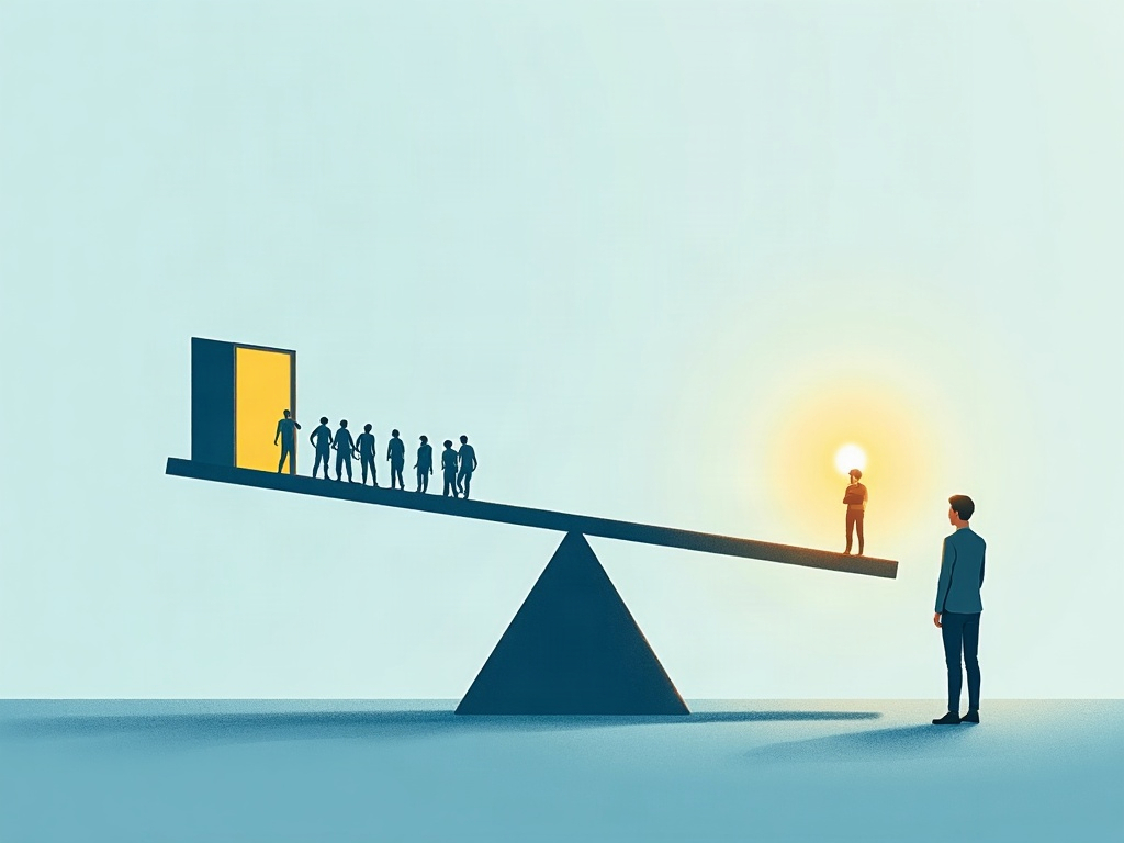 A glowing balance scale weighing open access for many against privileged early access for one, watched by a person