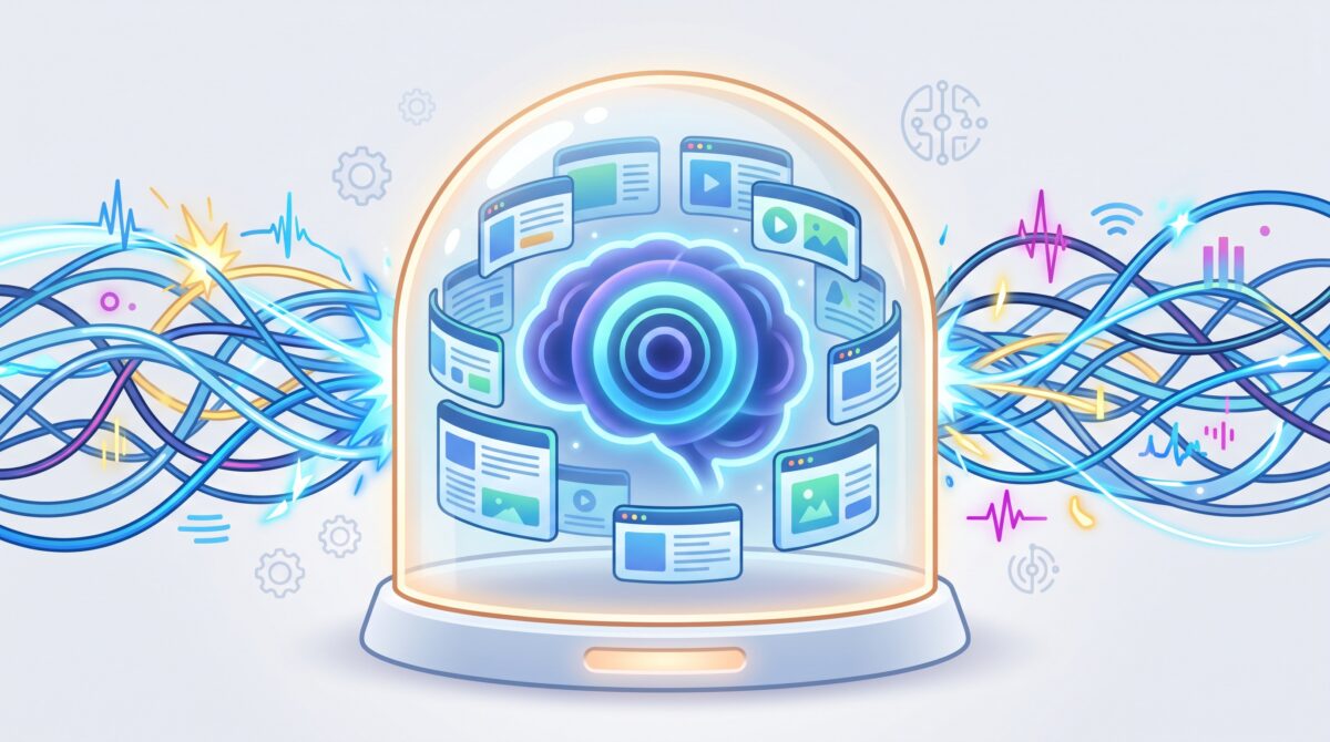 An AI shown as glowing rings learns inside a protective glass dome from cached pages while the live internet stays outside