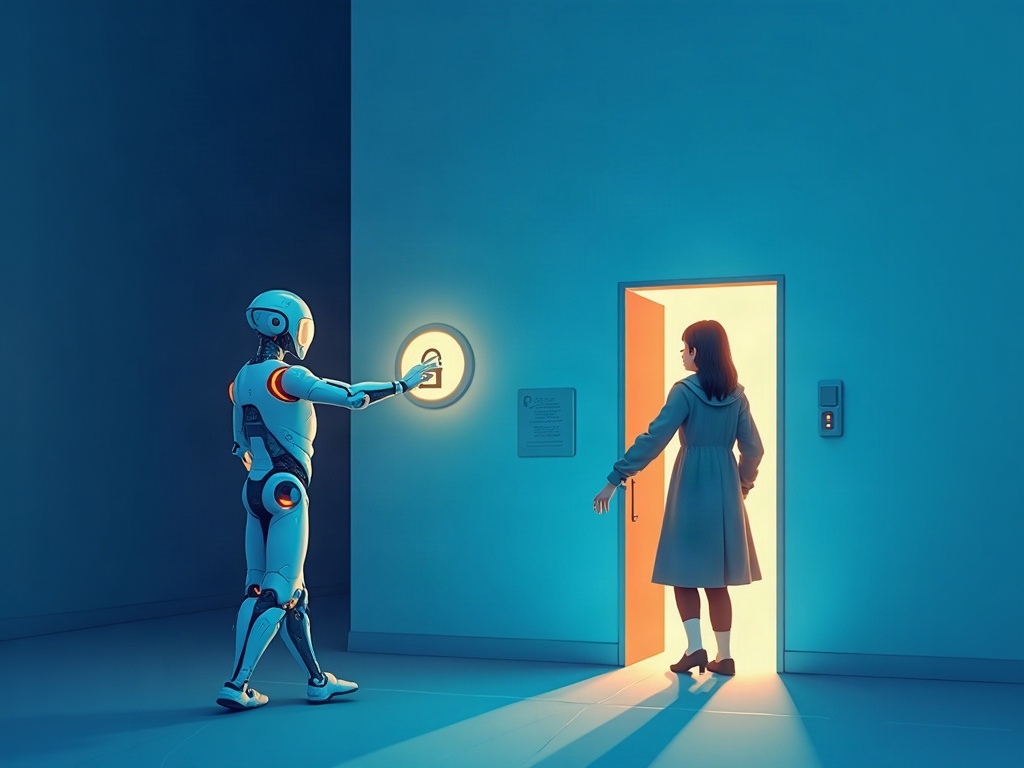 A glowing AI agent reaches for a small side-door while a warm guardian light closes it and redirects the agent