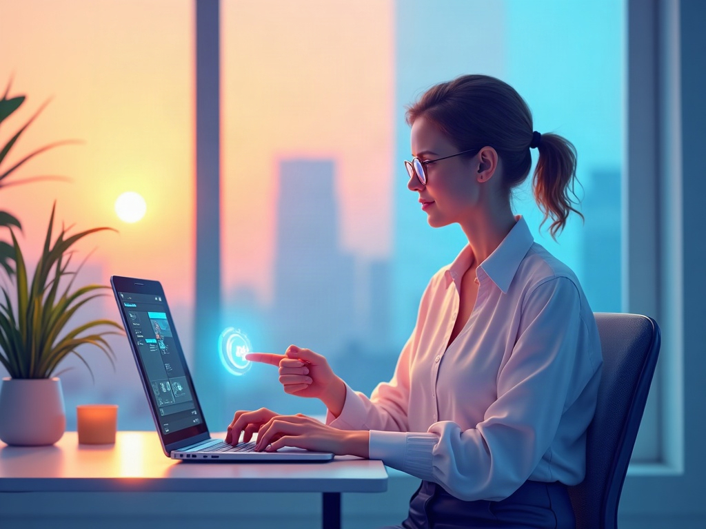 A relaxed person adds an attachment and a search icon to their question before handing it to a friendly AI companion