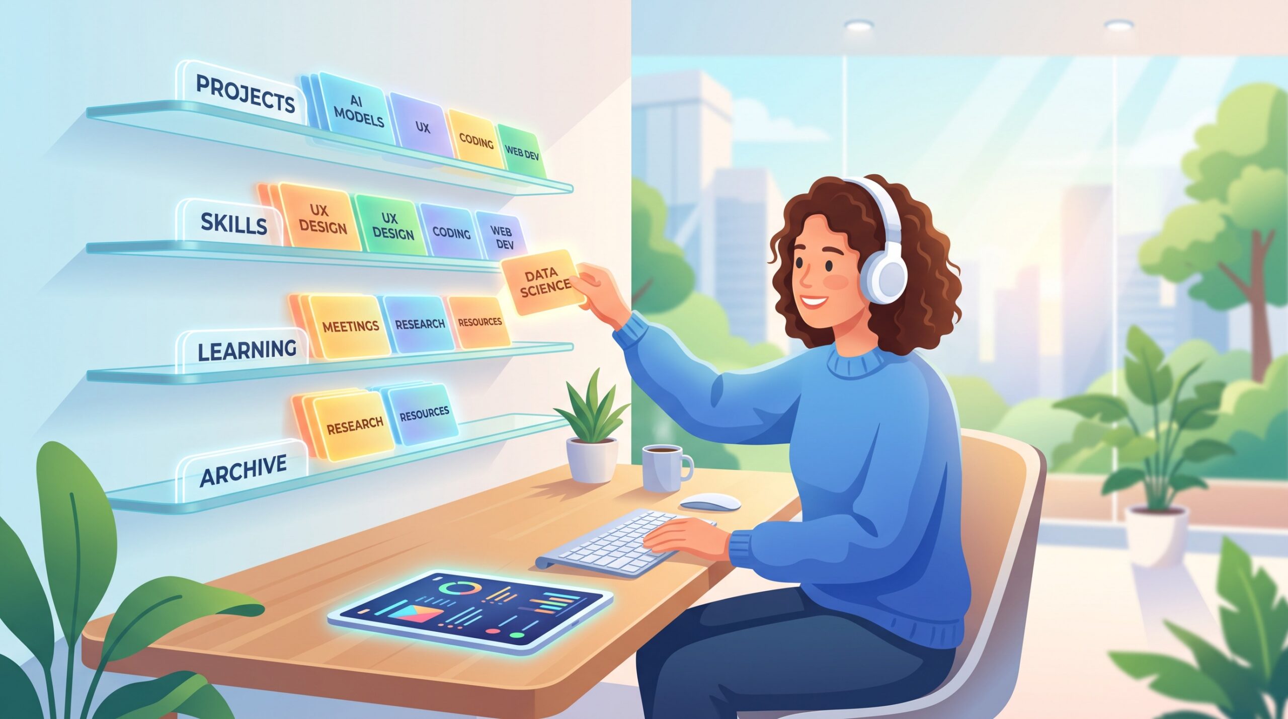 Person organizing reusable AI prompts into a tidy library