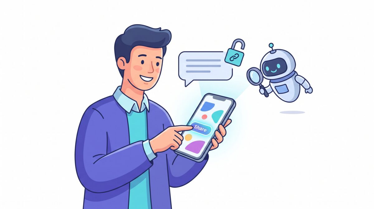 A person tapping a share button as a chat bubble becomes a public link with a friendly search crawler approaching